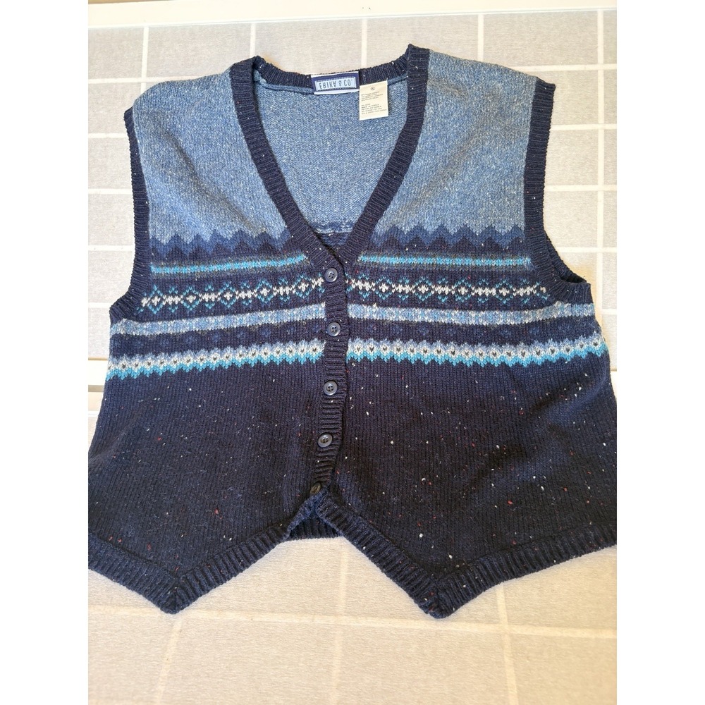 Vtg 90s Erika & Co Fair Isle Sweater Vest XL Ramie‎ Wool Tweed Grandpacore Blue